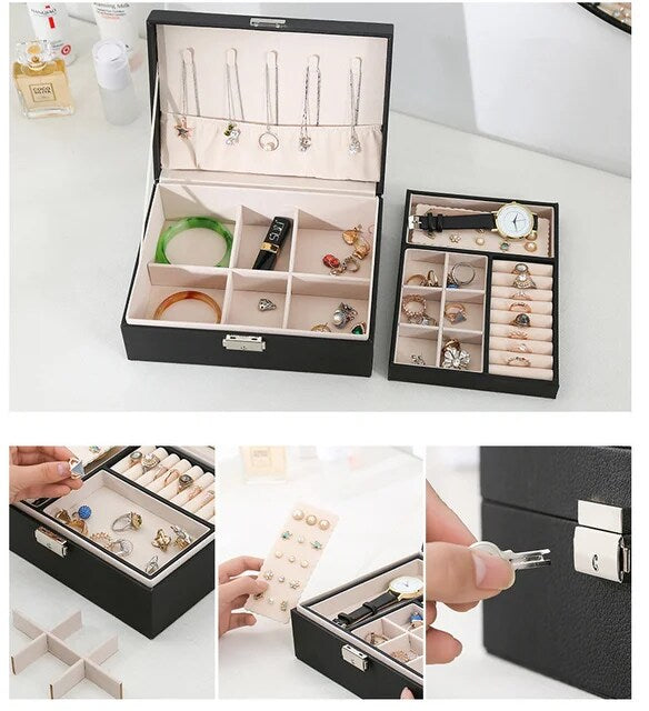 Double-layer Wooden Jewlery Box Ring Box and Packaging with PU Leather Jewelry Storage Organizer and Makeup Case