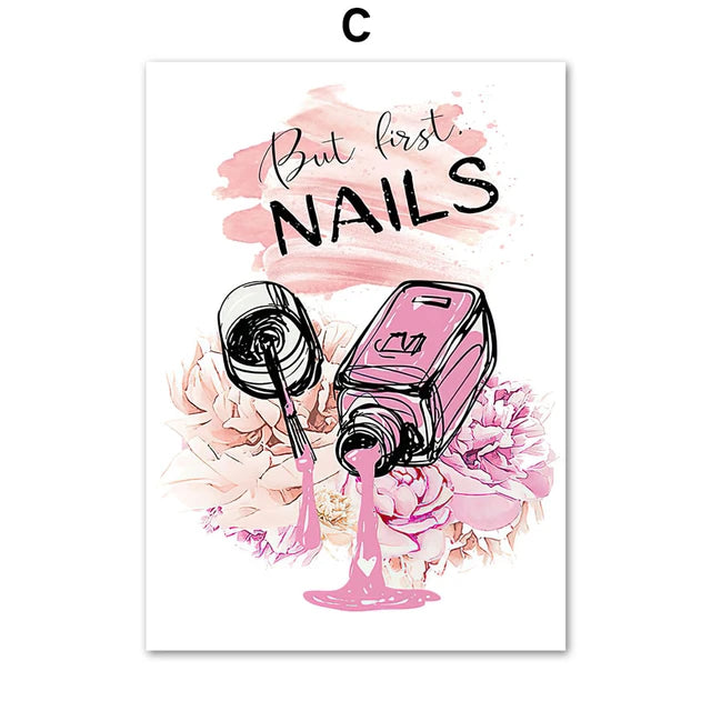 Nail Polish Wall Posters Eyelash Art Prints Pictures Beauty Salon Mural Nordic Manicure Canvas Painting  Store Pink Room Decor