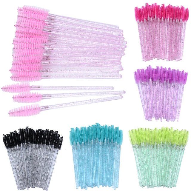 50pcs Disposable Eyelash Brushes Crystal Eyelash Mascara Wands Glitter Lash Comb Spoolies Micro Makeup Applicators