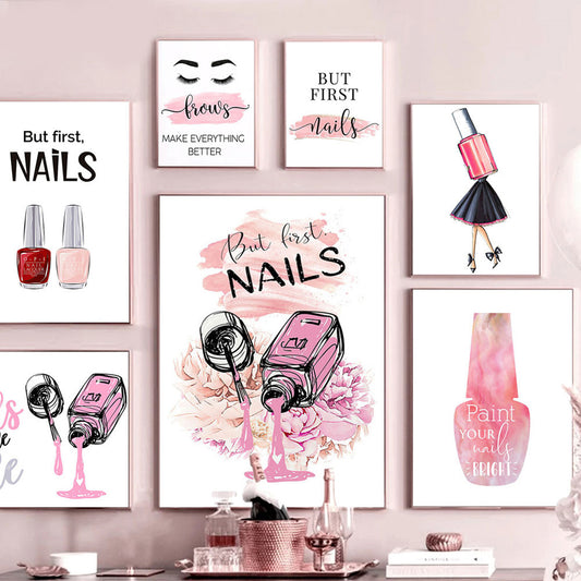 Nail Polish Wall Posters Eyelash Art Prints Pictures Beauty Salon Mural Nordic Manicure Canvas Painting  Store Pink Room Decor