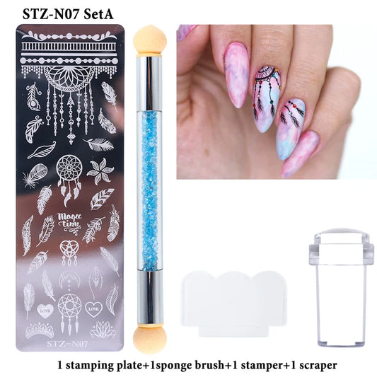 4pcs Nail Stamping Plates Kit Leaf Dreamcatcher Spring Nail Stencil Silicone Stamper Sponge Brush Nail Art Design GLSTZN01-12-2
