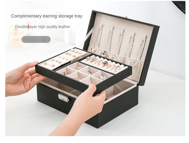 Double-layer Wooden Jewlery Box Ring Box and Packaging with PU Leather Jewelry Storage Organizer and Makeup Case