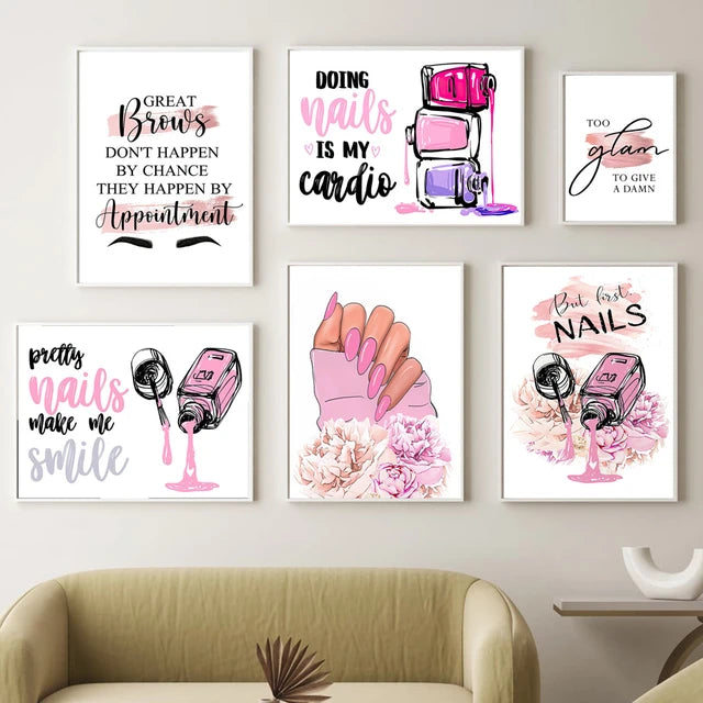 Nail Polish Wall Posters Eyelash Art Prints Pictures Beauty Salon Mural Nordic Manicure Canvas Painting  Store Pink Room Decor